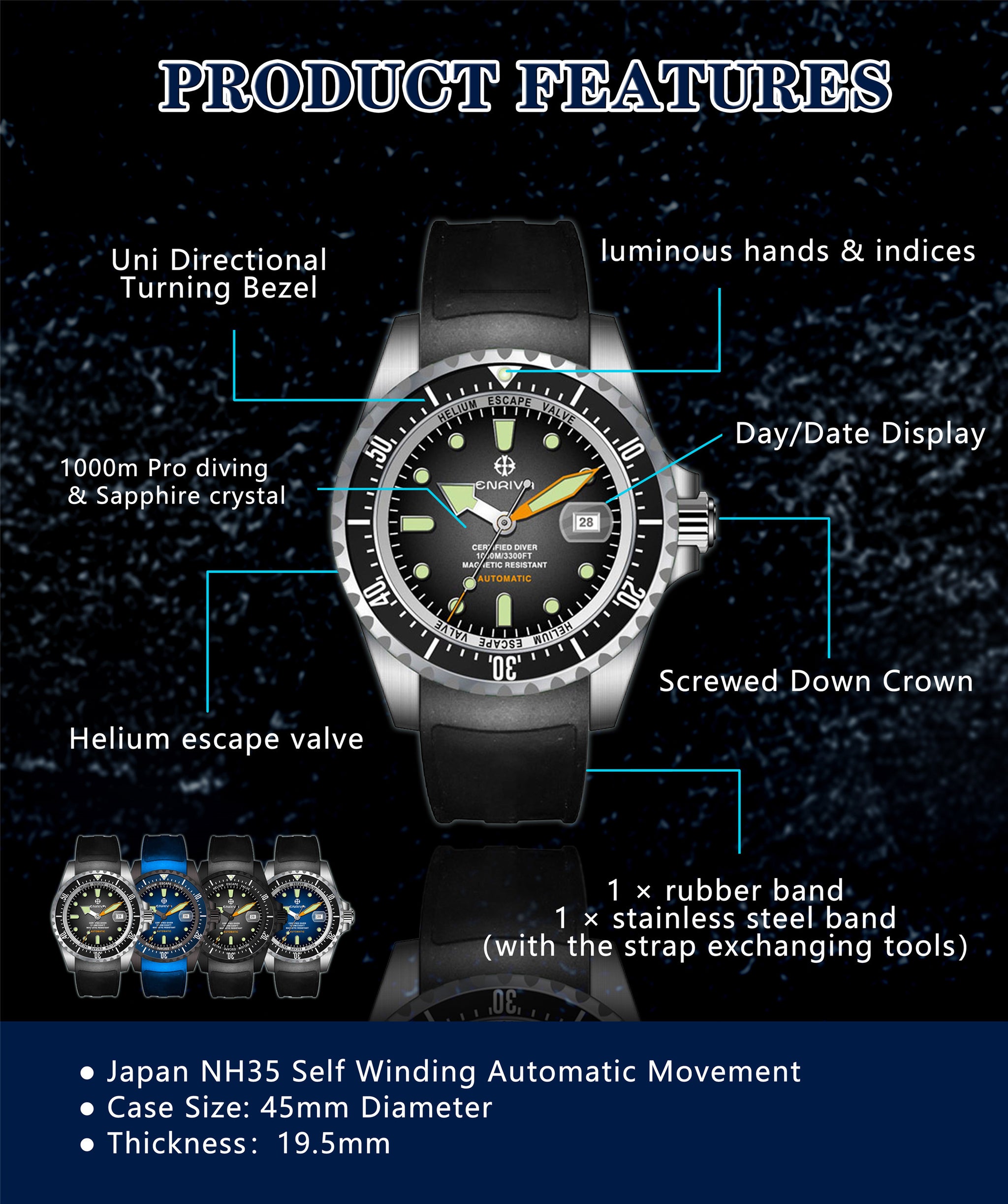 ENRIVA Men's 1000m Automatic Pro Dive Mens Watch Aluminium Bezel self