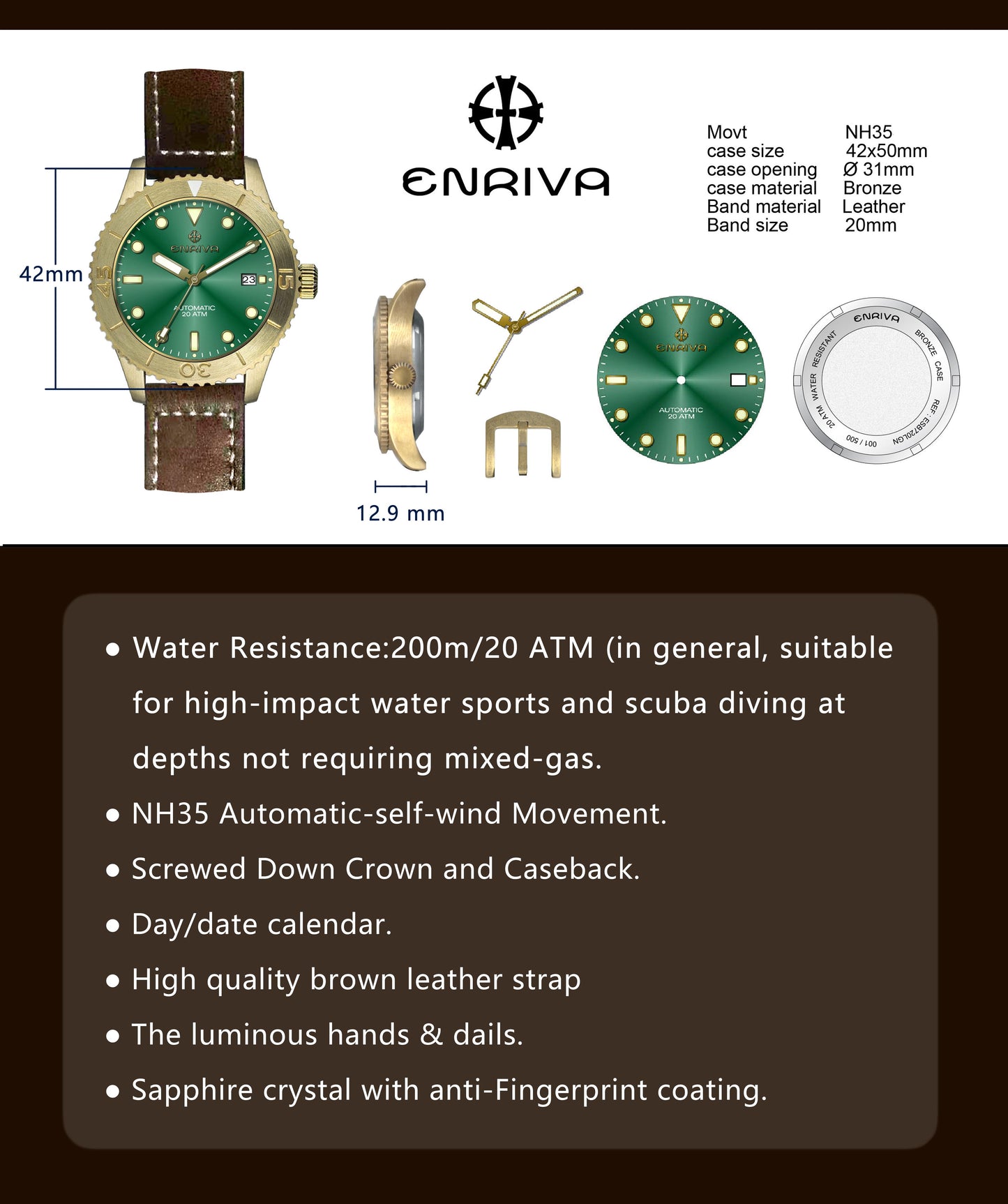 ENRIVA Mens 200m Water Resistant Bronze Pro Driver Watches Self Wind Military Watches for Men Dive Wristwatch,Diving Watches for Men with Japanese NH35 Automatic Movement,Super Luminous,Leather Strap