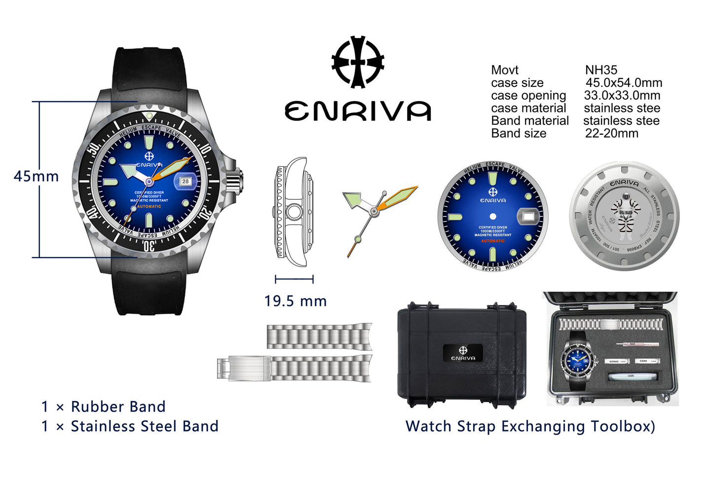 ENRIVA Men's 1000m Automatic Pro Dive Mens Watch Aluminium Bezel self-Wind for Men