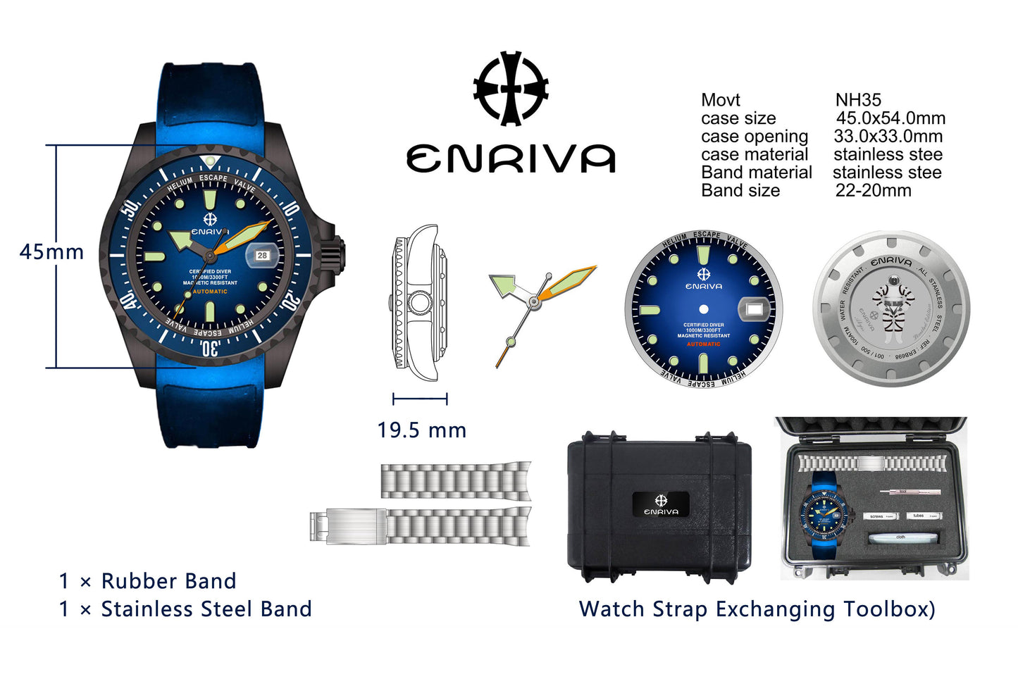 ENRIVA Men's 1000m Automatic Pro Dive Mens Watch Aluminium Bezel self-Wind for Men