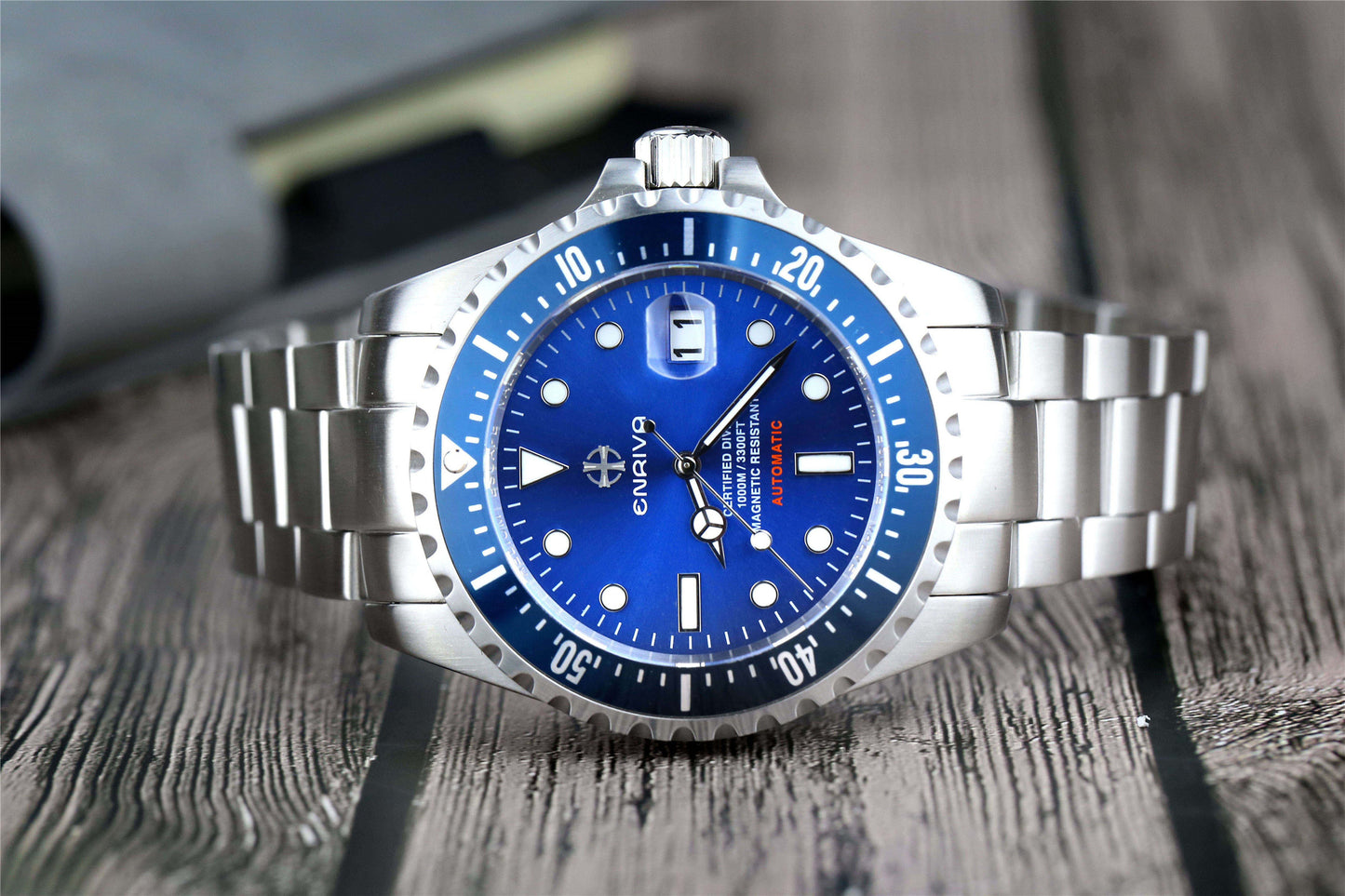 ENRIVA Men's 1000m Automatic Pro Diver Watch Aluminium Bezel Diving Watches Self-Wind Professional Diver Watches for Men-Blue