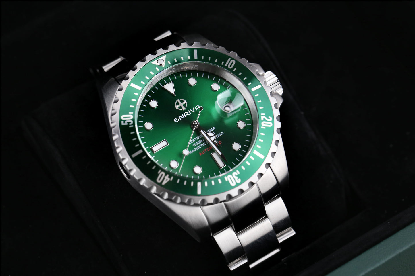 ENRIVA Men's 1000m Automatic Pro Diver Watch Aluminium Bezel Diving Watches Self-Wind Professional Diver Watches for Men-Green