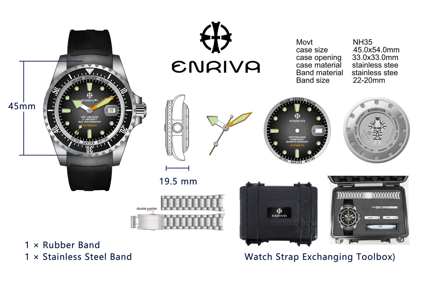 ENRIVA Men's 1000m Automatic Pro Dive Mens Watch Aluminium Bezel self-Wind for Men